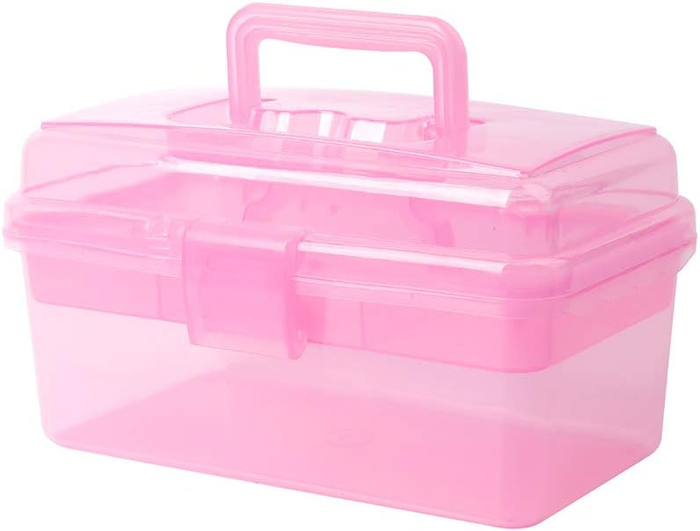 BangQiao multifunctional plastic storage box with detachable tray and handle, suitable for art, handicrafts, sewing supplies, transparent pink 