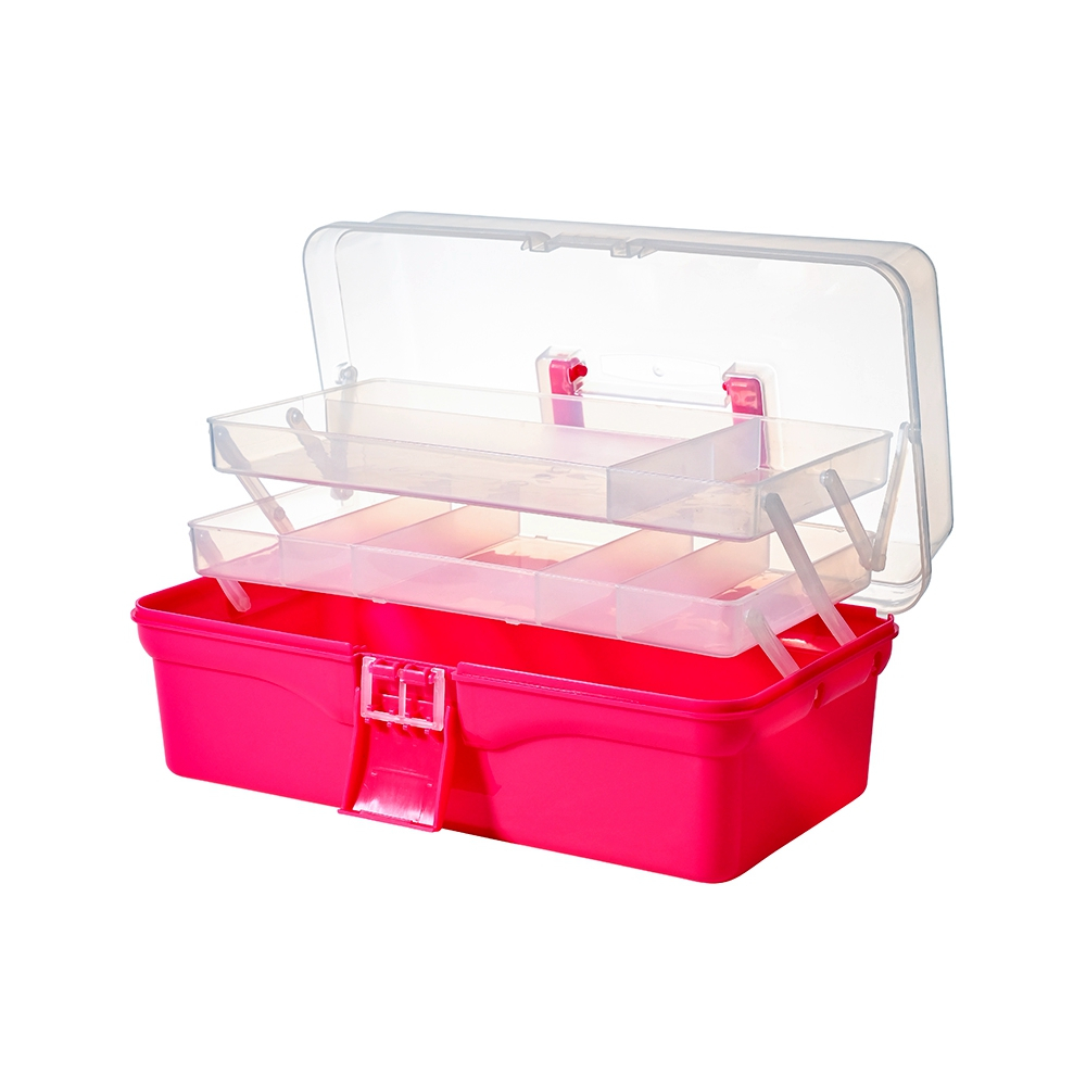 BangQiao 2-Tier Trays Clear Rose Red Plastic Storage Container Organizer Box, Multipurpose Portable Carrying Case with Latch Lock and Handle for Art,  