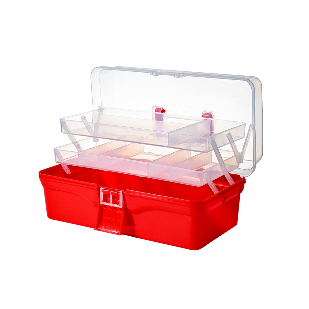 BangQiao 2-Tier Trays Clear Red Plastic Storage Container Organizer Box, Multipurpose Portable Carrying Case with Latch Lock and Handle for Art, Craft 